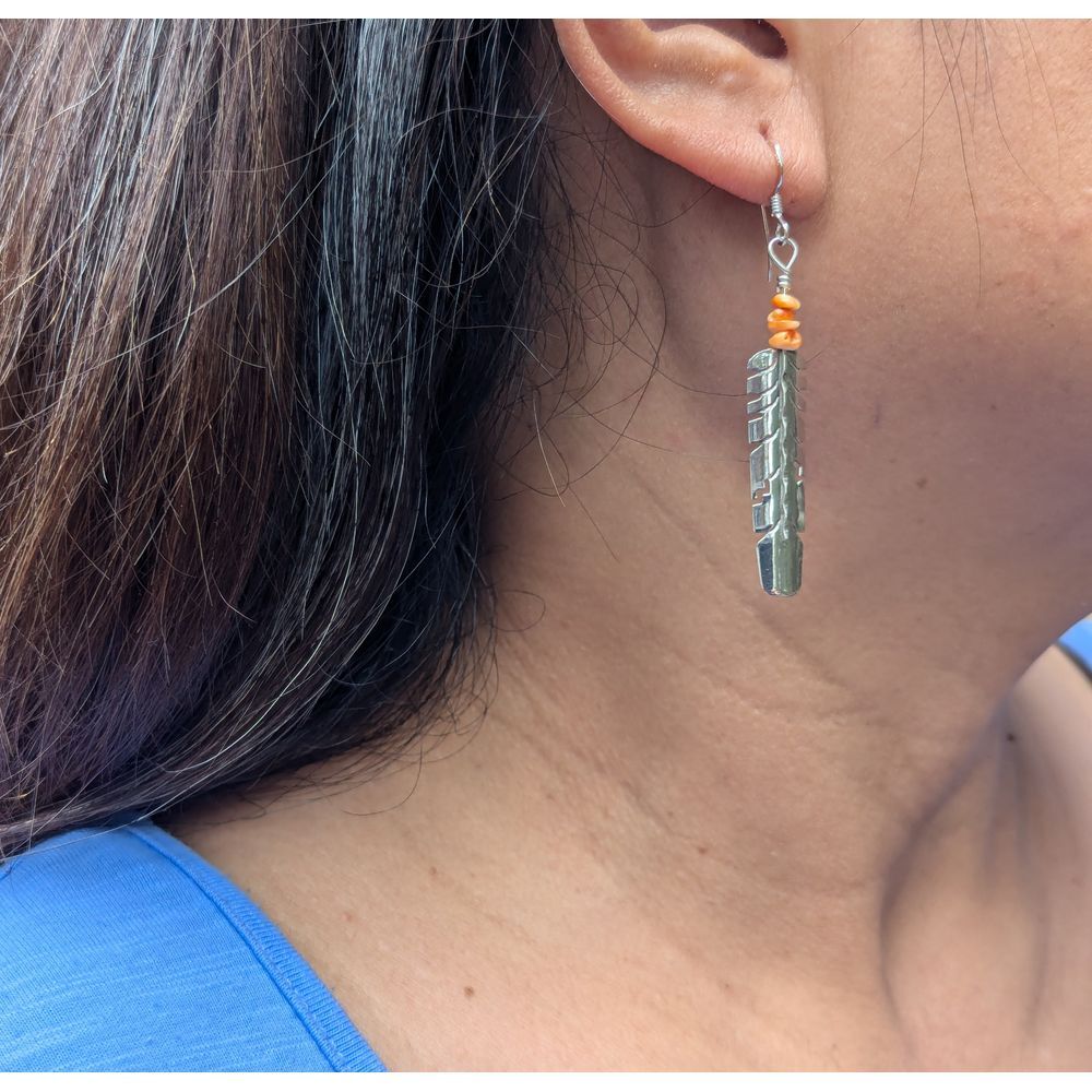 Handmade Navajo Sterling‎ Silver Dangle Earrings Orange Spiny Oyster Jewelry **